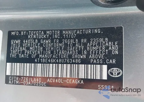 2008 Toyota Camry Xle z USA, uszkodzony, nr VIN 4T1BE46K48U763486